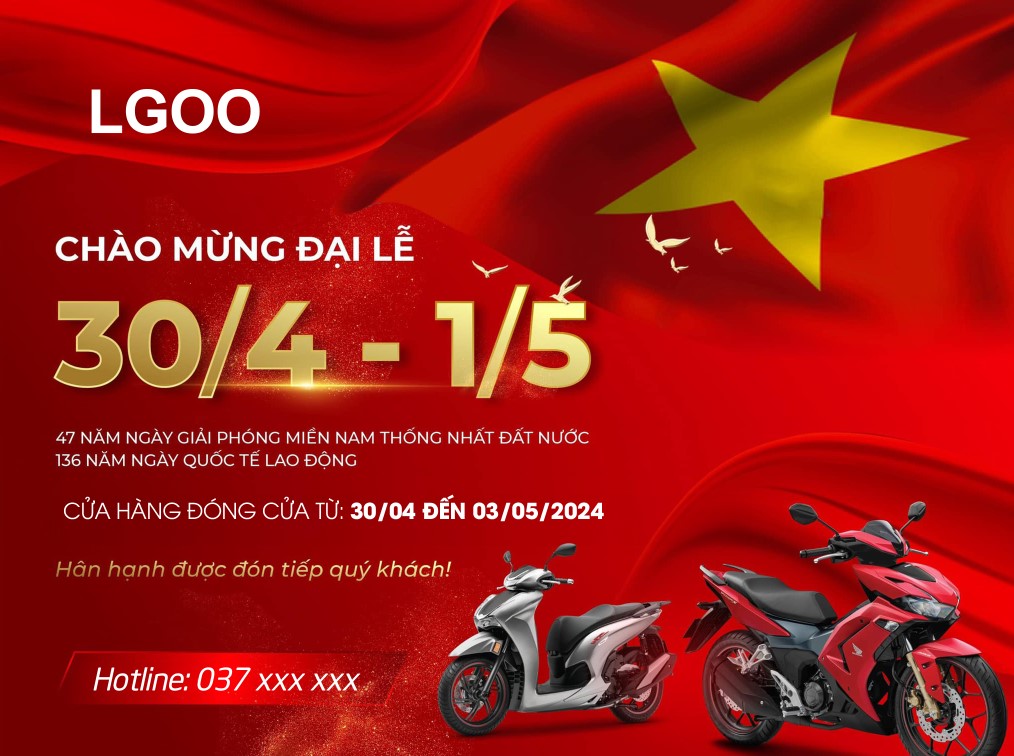 Celebrate the grand holiday of April 30th - May 1st announce the motorcycle shop's holiday schedule banner poster social, poster thông báo lịch nghỉ lễ Ngày Thống nhất